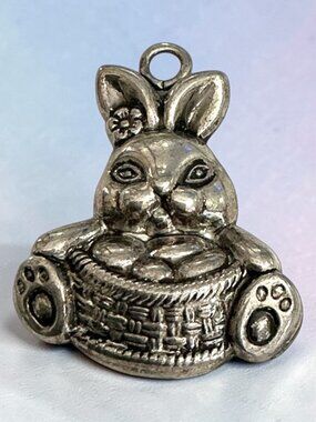 Vintage Best Bunny Charm With Basket Design 1x0.75 Inches Silver Tone Pendant Fo